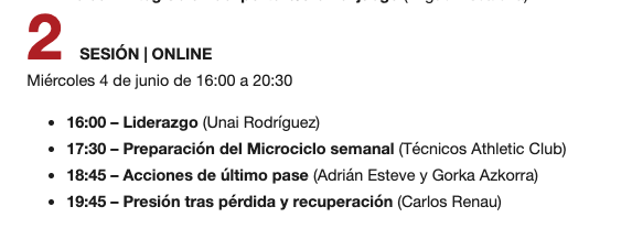 📅 Miércoles 4 junio | 16:00 a 20:30

🔸 Liderazgo – <a href="/unai1i/">unai rodríguez</a> 
🔸 Microciclo semanal – Técnicos Athletic Club
🔸 Último pase – <a href="/_AdrianEsteve/">Adrián Esteve</a>  #GorkaAzkorra
🔸 Presión tras pérdida – <a href="/carlosrenau21/">Carlos Renau</a>  

👇