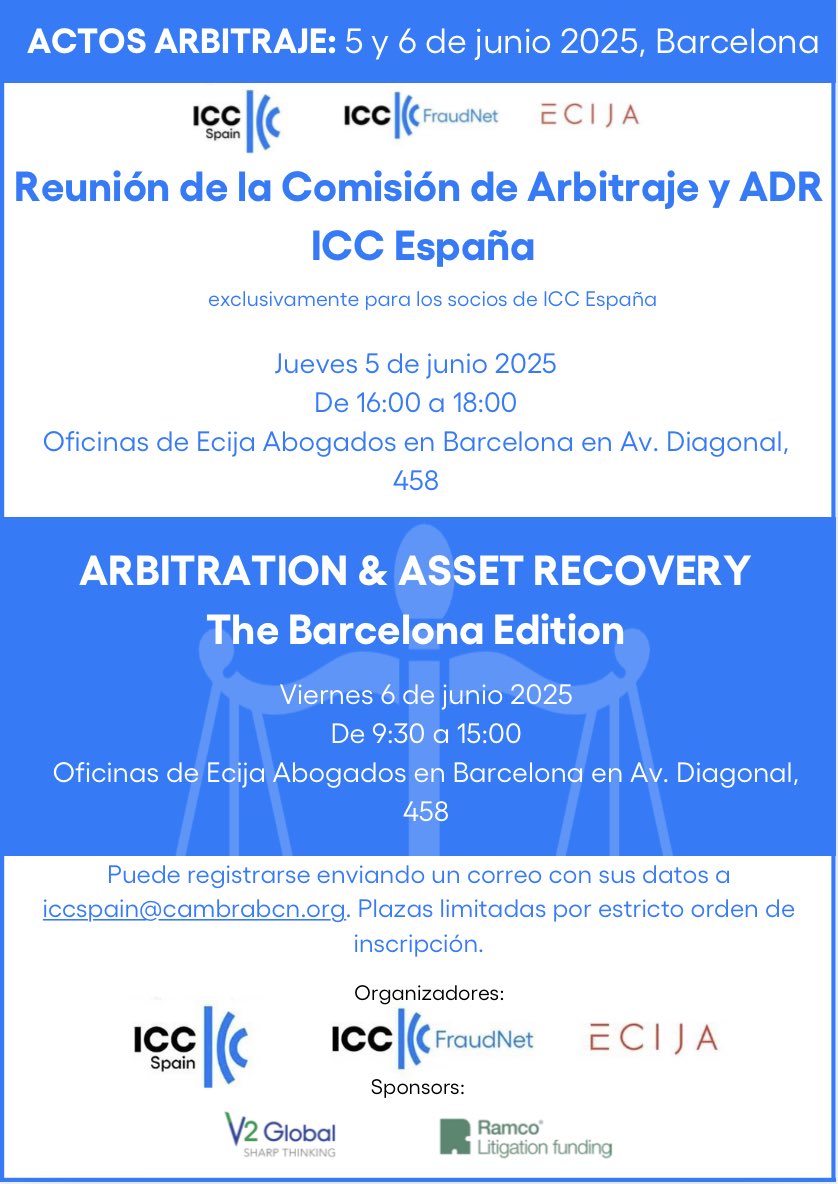 📣 El próximo 5 y 6 de junio 2025 en Barcelona, tenemos varios eventos de arbitraje  😉
- 5 de junio: exclusivamente para los socios
- 6 de junio: acto gratuito previo inscripción Arbitration &amp; asset recovery: The Barcelona Edition