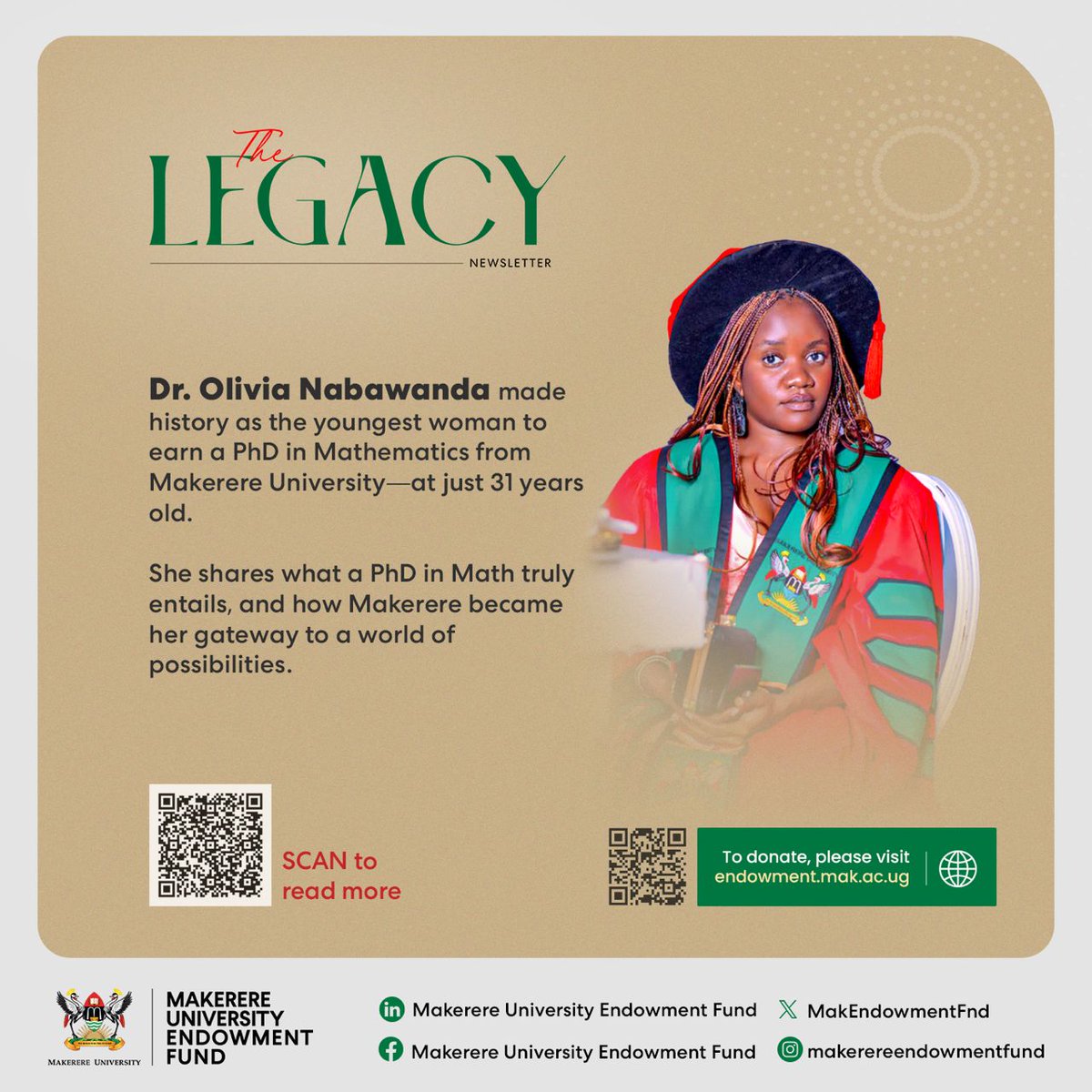 Makerere Endowment Fund (@makendowmentfnd) on Twitter photo While some folks are "buying" fake PhDs, Dr. Nabawanda Olivia went the hard wayโearning hers the real way.
At 31, she is the youngest woman to bag a PhD in Mathematics at <a href="/Makerere/">Makerere University</a>. She shares her journey and explains what one does with a PhD in Math.
๐endowment.mak.ac.ug/pages/makerereโฆ While some folks are "buying" fake PhDs, Dr. Nabawanda Olivia went the hard wayโearning hers the real way.
At 31, she is the youngest woman to bag a PhD in Mathematics at <a href="/Makerere/">Makerere University</a>. She shares her journey and explains what one does with a PhD in Math.
๐endowment.mak.ac.ug/pages/makerereโฆ