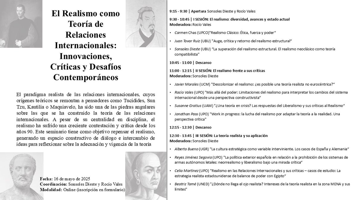Sonsoles Dieste (@sonsolesdieste) on Twitter photo 🔔Este viernes se celebra el seminario "El Realismo como Teoría de Relaciones Internacionales: Innovaciones, Críticas y Desafíos Contemporáneos" que organizo junto a <a href="/ErreUve_/">Rocío Vales</a>
¡Podéis inscribiros aquí! ⬇️: docs.google.com/forms/d/1yQLIJ… 🔔Este viernes se celebra el seminario "El Realismo como Teoría de Relaciones Internacionales: Innovaciones, Críticas y Desafíos Contemporáneos" que organizo junto a <a href="/ErreUve_/">Rocío Vales</a>
¡Podéis inscribiros aquí! ⬇️: docs.google.com/forms/d/1yQLIJ…