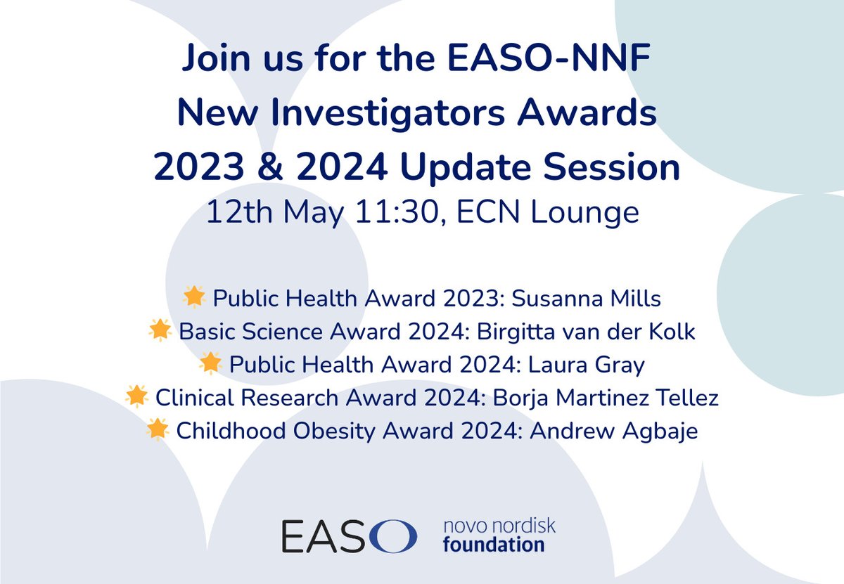 EASO Early Career Network (@easoobesityecn) on Twitter photo Don't miss the EASO-<a href="/novonordiskfond/">Novo Nordisk Foundation</a> New Investigators Awards 2023 & 2024 Update Session at 11:30 in the ECN Lounge.
Join <a href="/JasonCGHalford/">Jason C G Halford</a>, <a href="/blaak_e/">Ellen Blaak</a>, Jennifer Baker, Lubomira Fabryova, <a href="/Eugenia_Romano/">Dr. Eugenia Romano</a> and Paolo Sbraccia as they interview the past winners.
@EASOPresident Don't miss the EASO-<a href="/novonordiskfond/">Novo Nordisk Foundation</a> New Investigators Awards 2023 & 2024 Update Session at 11:30 in the ECN Lounge.
Join <a href="/JasonCGHalford/">Jason C G Halford</a>, <a href="/blaak_e/">Ellen Blaak</a>, Jennifer Baker, Lubomira Fabryova, <a href="/Eugenia_Romano/">Dr. Eugenia Romano</a> and Paolo Sbraccia as they interview the past winners.
@EASOPresident