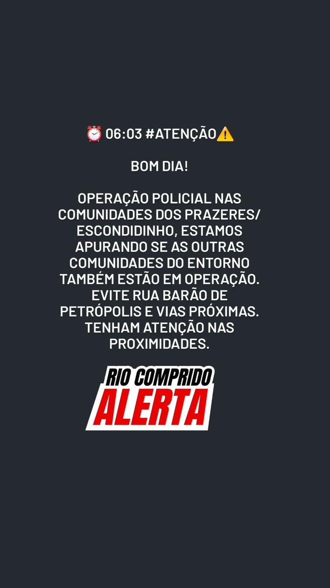 RCAlerta's tweet image. ⏰06:03 #Atenção ⚠️

Relatos dão conta também de operação no Fogueteiro.