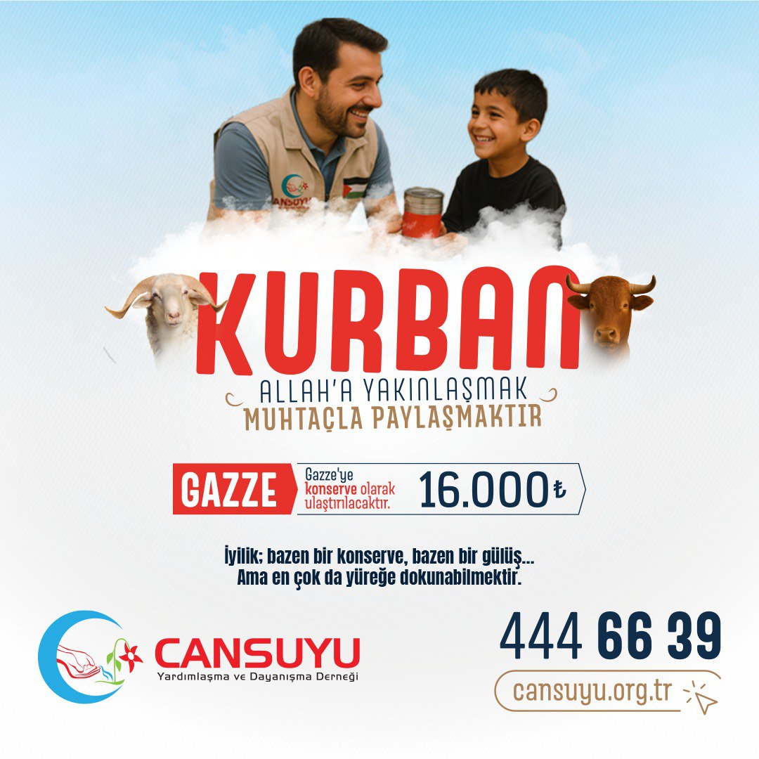 CansuyuDernegi's tweet photo. Kurban; uzakları yakın, kalpleri bir kılmaktır.

Kurban Allah’a yakınlaşmak, muhtaçla paylaşmaktır.

📱Online bağış; https://t.co/GG6TSdmn0J https://t.co/pONshl1sn7