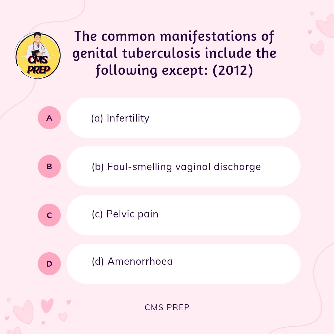 Cmsprep's tweet photo. 1 MCQ a Day || UPSC CMS 2025 || High Yield || Rapid Revision
.
.
.
Correct Answer: (b) Foul-smelling vaginal discharge
.
.
.
.
#upsc #mbbs #doctor #govtjob #MedicalExam #medicalofficer #upsccms #upsccms2025 #cms2025 #doctorjob #medicaljob #mo #medicalduty #motivation #exam https://t.co/bt1EIKX19X
