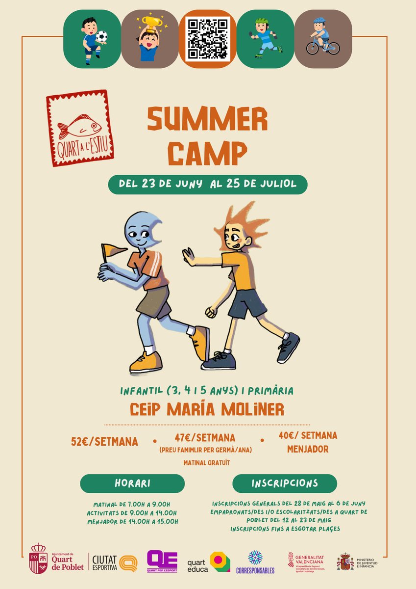 <a href="/Juanjo10381/">Juanjo Susín</a> <a href="/quartesport/">quartesport</a> ¡Inscripciones abiertas para los campamentos deportivos de Quart de Poblet! ☀️ Para personas empadronadas o escolarizadas en el municipio, hasta el 23 de mayo. ⛺️ ⚽️

Toda la información y enlaces a las inscripciones en: 
quartdepoblet.es/actualidad/not…

#QuartÉsEsport