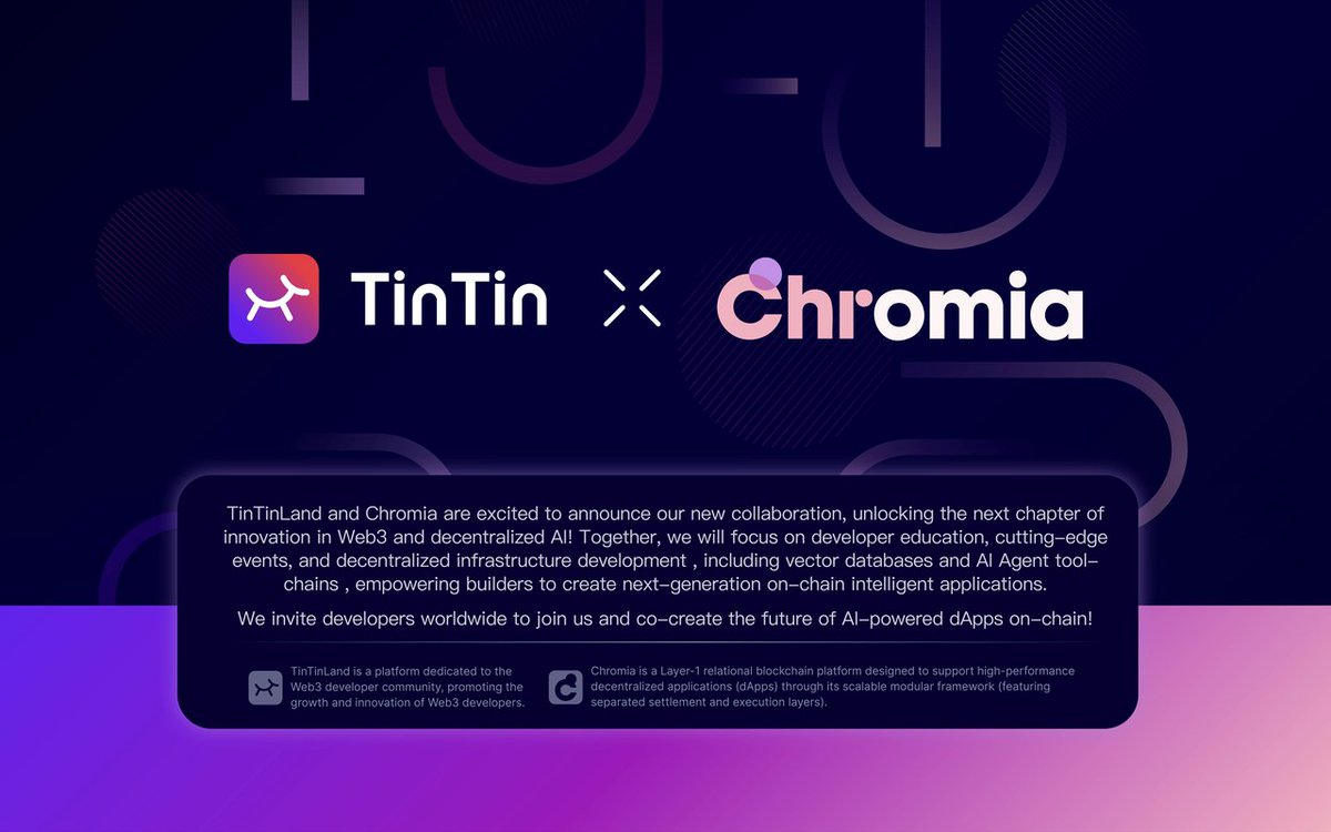 TinTinLand (@ourtintinland) on Twitter photo 🤝 Big collaboration! TinTinLand and <a href="/Chromia/">Chromia | Power to the Public</a> have officially embarked on a Web3 × AI innovation exploration journey!
💜 #TinTinLand is dedicated to empowering #Web3 developers, driving innovation and growth, and bringing more vitality to the global tech community.
🌐 Chromia 🤝 Big collaboration! TinTinLand and <a href="/Chromia/">Chromia | Power to the Public</a> have officially embarked on a Web3 × AI innovation exploration journey!
💜 #TinTinLand is dedicated to empowering #Web3 developers, driving innovation and growth, and bringing more vitality to the global tech community.
🌐 Chromia