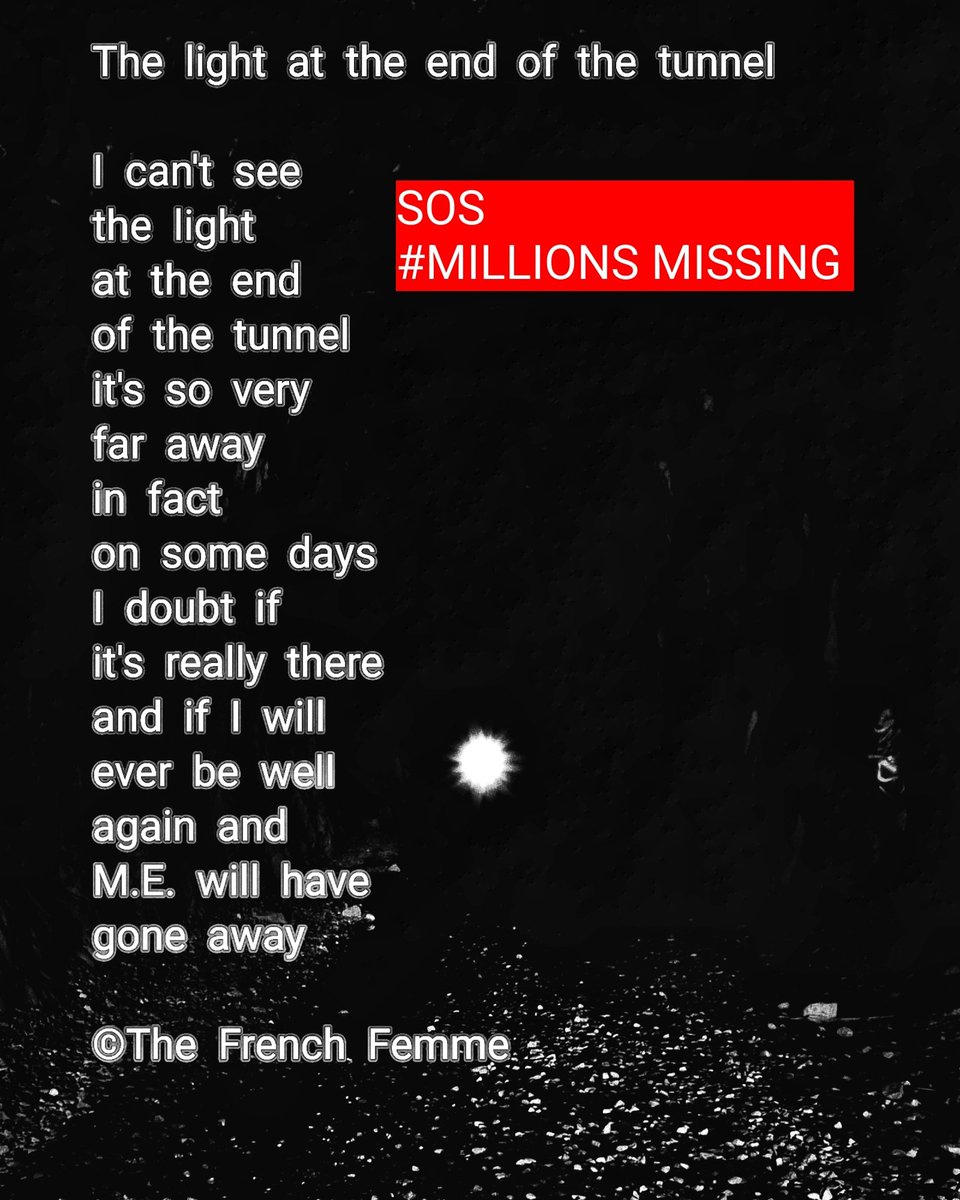 frenchros's tweet image. @MEActNetUK 

I can't see the light at the end of the tunnel 

#DisabilitySOS 
#MyalgicEncephalomyelitis 
#GlobalVoiceForME 
#MEawarenessmonth 
#WorldMEDay 
#SevereME 
#verysevereme
#longcovid 
#MillionsMissing