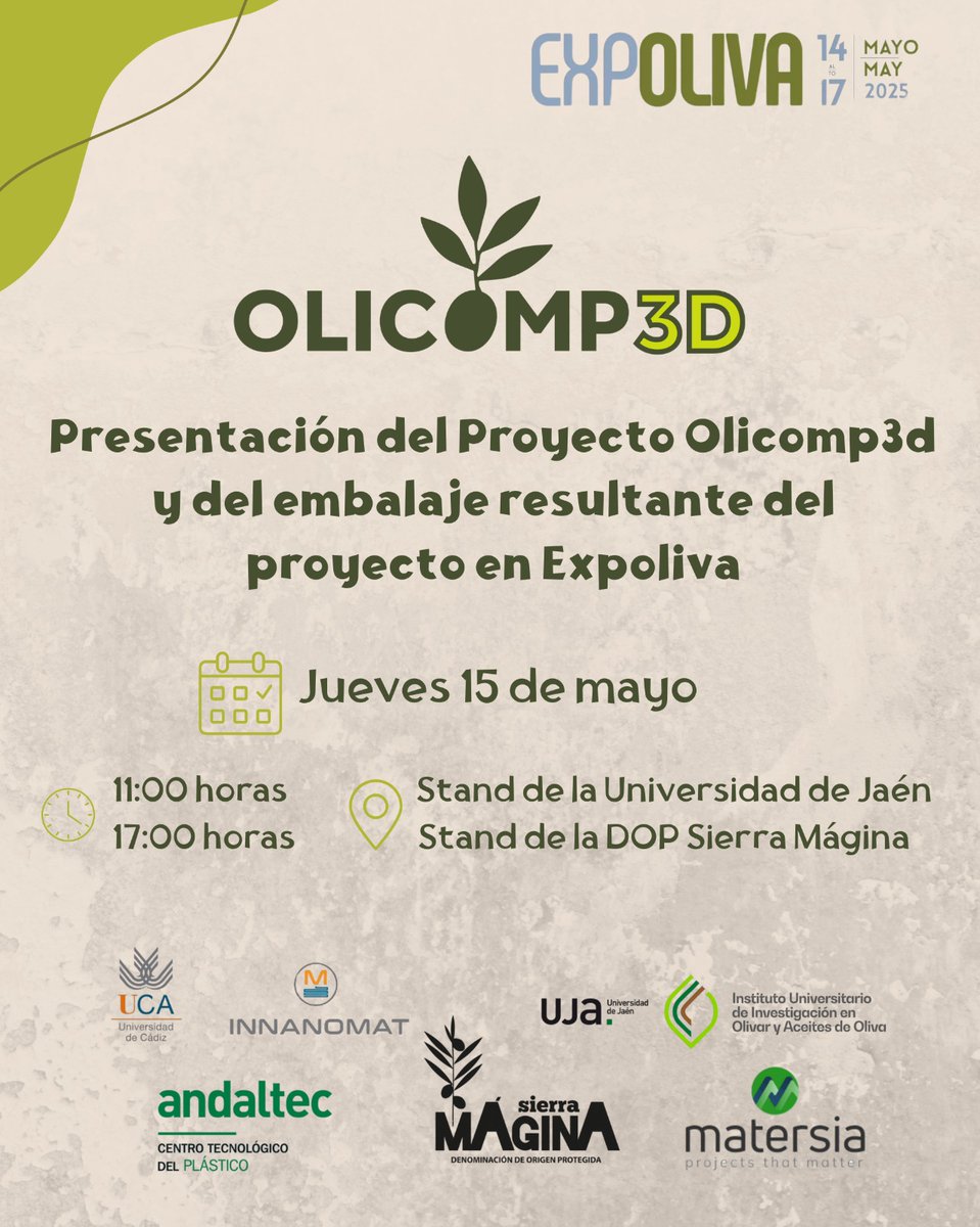 Andaltec Centro Tecnológico (@andaltec) on Twitter photo ✅ Esta semana presentamos en la feria Expoliva los resultados del proyecto de I+D Olicomp3D, que ha desarrollado un embalaje para AOVE a partir de subproductos del olivar
📅 Jueves 15 de mayo
⌚ 11 horas: Estand <a href="/ujaen/">Universidad de Jaén</a>
⌚ 17 horas: estand <a href="/DOSierraMagina/">D.O.P. Sierra Mágina</a> ✅ Esta semana presentamos en la feria Expoliva los resultados del proyecto de I+D Olicomp3D, que ha desarrollado un embalaje para AOVE a partir de subproductos del olivar
📅 Jueves 15 de mayo
⌚ 11 horas: Estand <a href="/ujaen/">Universidad de Jaén</a>
⌚ 17 horas: estand <a href="/DOSierraMagina/">D.O.P. Sierra Mágina</a>