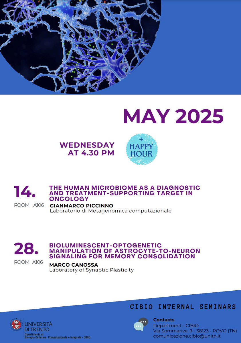 Segata Lab (@cibiocm) on Twitter photo We are looking forward to this Wednesday!
<a href="/CIBIO_UniTrento/">CIBIO - UniTrento</a> Happy Hour
PLUS
the internal seminar by our lab member <a href="/gpiccinn/">Gianmarco Piccinno</a> on the human gut microbiome in oncology! We are looking forward to this Wednesday!
<a href="/CIBIO_UniTrento/">CIBIO - UniTrento</a> Happy Hour
PLUS
the internal seminar by our lab member <a href="/gpiccinn/">Gianmarco Piccinno</a> on the human gut microbiome in oncology!