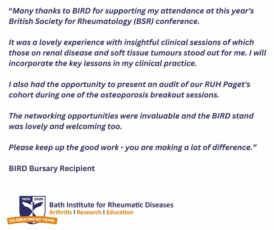 Just a little reminder that as part of BIRD 50th year we awarded a record 10 bursaries for rheumatology staff to attend #BSR25 <a href="/RheumatologyUK/">BSR</a> We've received some lovely feedback. <a href="/RNHRDBath/">RNHRD</a> <a href="/RUHBath/">RUH Bath 🏥</a> ☀️