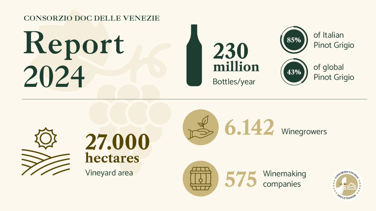 Here’s a quick look at the 🍇 Pinot Grigio delle Venezie DOC Annual Report: 27,000 hectares of vineyards, 230 million bottles per year — accounting for 85% of Italian production and 43% of global Pinot Grigio.🥂

#PinotGrigiodelleVenezieDOC #dellevenezie #pinotgrigiowine
