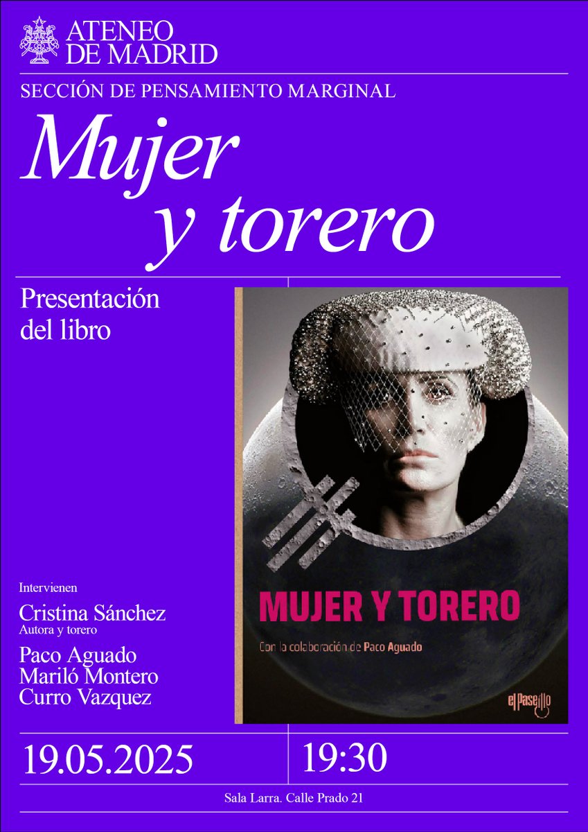 El Paseíllo (@elpaseillo_ed) on Twitter photo ➡️ El próximo lunes, 19 de mayo, estaremos presentando «Mujer y torero», de <a href="/CristinaS_Toros/">Cristina Sánchez</a>.
A las 19:30h en el <a href="/ateneodemadrid/">Ateneo de Madrid</a>.
Todos los detalles: ➡️ El próximo lunes, 19 de mayo, estaremos presentando «Mujer y torero», de <a href="/CristinaS_Toros/">Cristina Sánchez</a>.
A las 19:30h en el <a href="/ateneodemadrid/">Ateneo de Madrid</a>.
Todos los detalles: