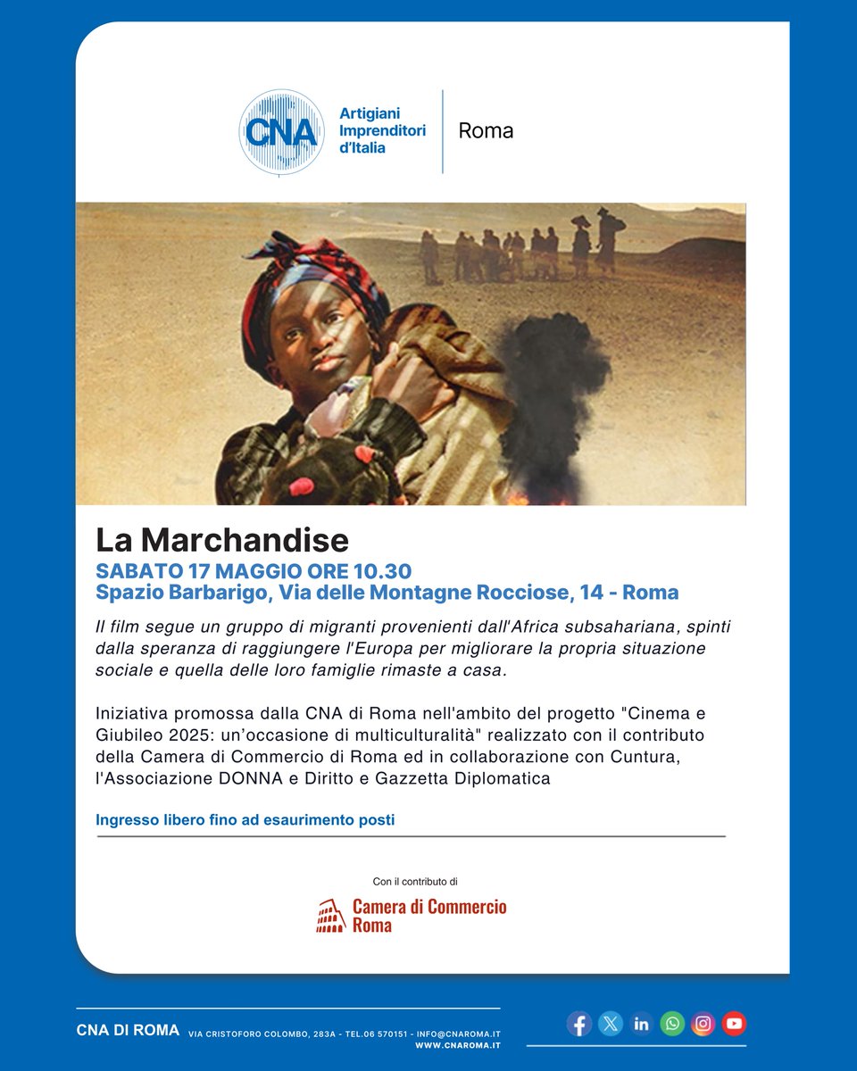 CNA di Roma (@cnaroma) on Twitter photo La Marchandise ๐ฝ๏ธ
๐ฏ Iniziativa realizzata nellโambito del progetto ๐ถ๐๐๐๐๐ ๐ ๐บ๐๐ข๐๐๐๐๐ 2025: ๐ข๐โ๐๐๐๐๐ ๐๐๐๐ ๐๐ ๐๐ข๐๐ก๐๐๐ข๐๐ก๐ข๐๐๐๐๐ก๐ฬ, con contributo di CCIAA Roma.
๐๏ธ Sab 17 mag h 10.30
๐ Spazio Barbarigo
๐ค ๐๐ป๐ด๐ฟ๐ฒ๐๐๐ผ ๐น๐ถ๐ฏ๐ฒ๐ฟ๐ผ La Marchandise ๐ฝ๏ธ
๐ฏ Iniziativa realizzata nellโambito del progetto ๐ถ๐๐๐๐๐ ๐ ๐บ๐๐ข๐๐๐๐๐ 2025: ๐ข๐โ๐๐๐๐๐ ๐๐๐๐ ๐๐ ๐๐ข๐๐ก๐๐๐ข๐๐ก๐ข๐๐๐๐๐ก๐ฬ, con contributo di CCIAA Roma.
๐๏ธ Sab 17 mag h 10.30
๐ Spazio Barbarigo
๐ค ๐๐ป๐ด๐ฟ๐ฒ๐๐๐ผ ๐น๐ถ๐ฏ๐ฒ๐ฟ๐ผ