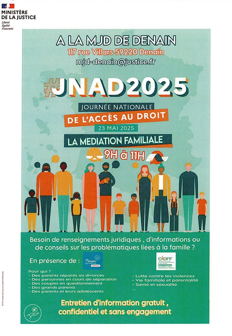 [ACCÈS AUX DROITS⚖️] Le #TJValenciennes et la #MJD_Denain organisent la Journée Nationale de l'Accès au Droit, le 23 mai de 9h à 11h. 📣Venez nous rencontrer ! 
#JNAD <a href="/cidff59/">CIDFF 59/Lille Métropole</a> #Maisondesparents