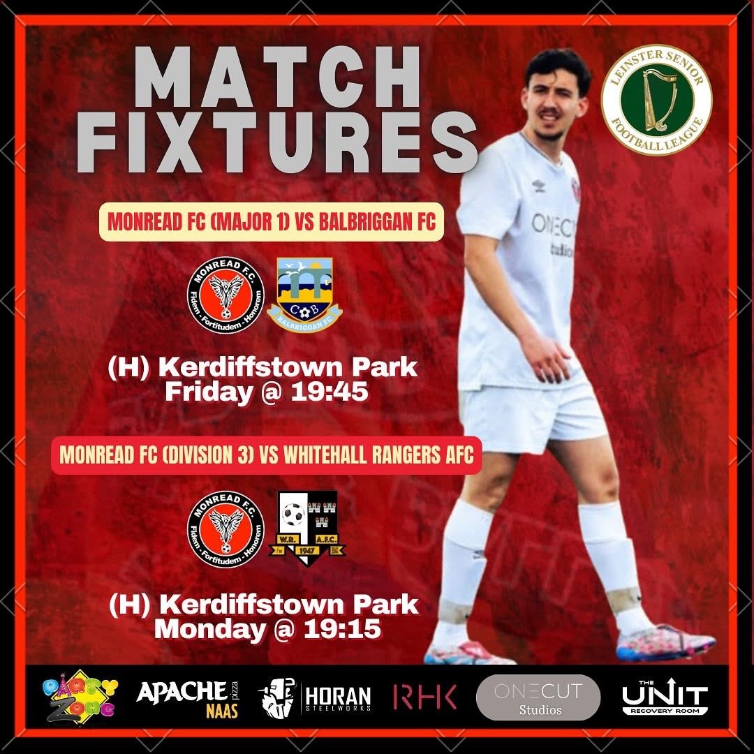 Monread FC (@monread_fc) on Twitter photo Massive game for our <a href="/LSLLeague/">Leinster Senior League</a> Division 3 Saturday side tonight. Needing only two points from their remaining two games, they can secure the league title with a win over <a href="/WRAFC1947/">WhitehallRangersAFC</a> at home.
Best of luck lads!⚽️🔴⚫️ Massive game for our <a href="/LSLLeague/">Leinster Senior League</a> Division 3 Saturday side tonight. Needing only two points from their remaining two games, they can secure the league title with a win over <a href="/WRAFC1947/">WhitehallRangersAFC</a> at home.
Best of luck lads!⚽️🔴⚫️