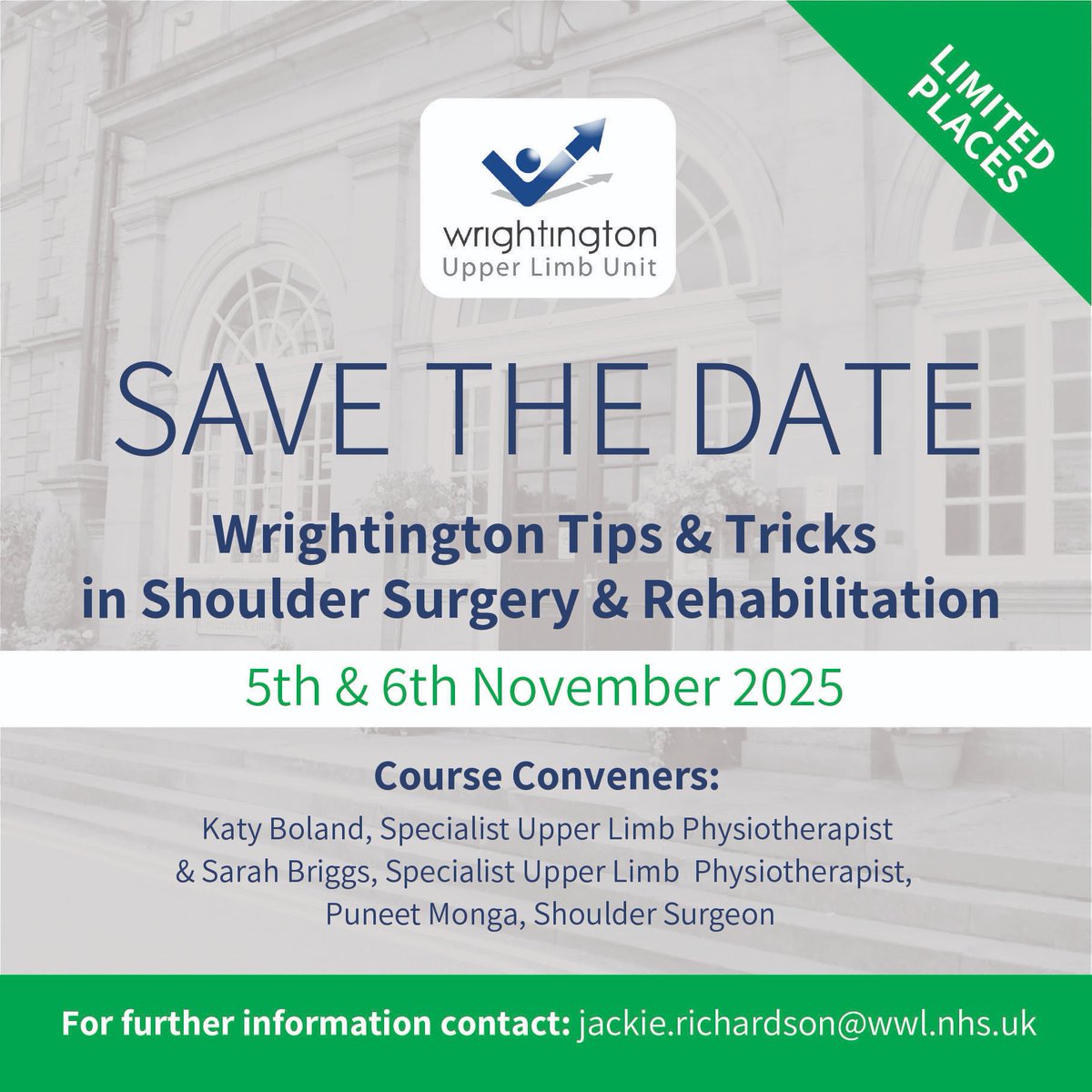 Wrightington Upper Limb Unit (@wtnupperlimb) on Twitter photo Wrightington Tips & Tricks in shoulder Surgery & Rehabilitation. Register your interest with Jackie.richardson@wwl.nhs.uk Wrightington Tips & Tricks in shoulder Surgery & Rehabilitation. Register your interest with Jackie.richardson@wwl.nhs.uk