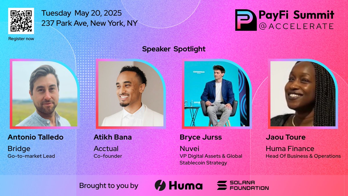 Huma Finance ๐ฃ (@humafinance) on Twitter photo Builders recognize builders ๐ง ๐ ๏ธ NYC is about to feel the PayFi pulse!
Introducing our latest speaker spotlight for PayFi Summit NYC during <a href="/SolanaConf/">Solana Breakpoint ๐ฆ๐ช Abu Dhabi Dec 11-13</a>:
Catch Antonio Talledo from <a href="/Stablecoin/">Bridge</a>, Atikh Bana โ Co-founder <a href="/AcctualTeam/">Acctual</a>, Bryce Jurss from <a href="/Nuvei/">Nuvei</a>, and our very own Builders recognize builders ๐ง ๐ ๏ธ NYC is about to feel the PayFi pulse!
Introducing our latest speaker spotlight for PayFi Summit NYC during <a href="/SolanaConf/">Solana Breakpoint ๐ฆ๐ช Abu Dhabi Dec 11-13</a>:
Catch Antonio Talledo from <a href="/Stablecoin/">Bridge</a>, Atikh Bana โ Co-founder <a href="/AcctualTeam/">Acctual</a>, Bryce Jurss from <a href="/Nuvei/">Nuvei</a>, and our very own