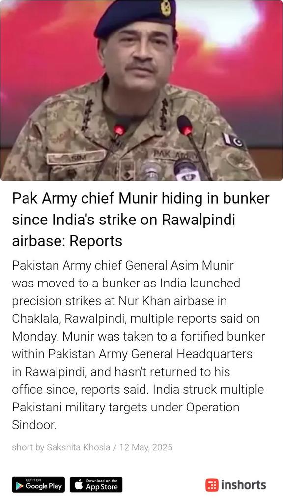 🇮🇳 should send a bag full of bangles to this HERO responsible for what happened in Pehalgam &amp; other related escalations
Army head should be like a LION not a rat to run away in hard times leaving own forces + innocent civilians 
🇵🇰 you deserve such idiots
Goodbye to POJK
🇮🇳👊👊🇮🇳