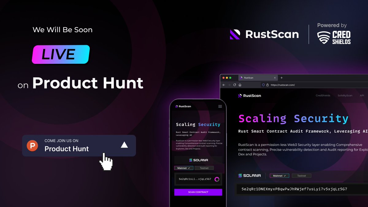 CredShields (@credshields) on Twitter photo 🚀 Big news — RustScan is launching on Product Hunt soon!
Meet your smart contract security companion for the Solana ecosystem. RustScan delivers instant threat scores, risk insights, and vulnerability reports — all permissionlessly.
Follow RustScan on X: <a href="/0xRustScan/">0xRustScan</a>
Join us 🚀 Big news — RustScan is launching on Product Hunt soon!
Meet your smart contract security companion for the Solana ecosystem. RustScan delivers instant threat scores, risk insights, and vulnerability reports — all permissionlessly.
Follow RustScan on X: <a href="/0xRustScan/">0xRustScan</a>
Join us