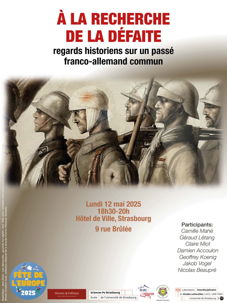 [ Table ronde ] "A la recherche de la défaite : regards historiens sur un passé franco-allemand commun".
Ce soir à l'hôtel de ville de <a href="/strasbourg/">Strasbourg.eu</a> dans le cadre de la #fête de #Europe 🇪🇺 Table ronde organisée en partenariat avec <a href="/ScPo_Strasbourg/">Sciences Po Strasbourg</a>  
Ouverte à tous.