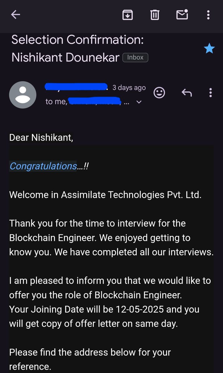nishikant_rd's tweet image. After putting lot of efforts into Web3/Blockchain, I’ve finally started qualifying for Blockchain roles!
Cracked all rounds &amp;amp; selected as a Blockchain Engineer at Assimilate Technologies Pvt Ltd🙌
Grateful to my mentor @kirat_tw  @100xDevs💙

#web3 #blockchainEngineer @blockchain
