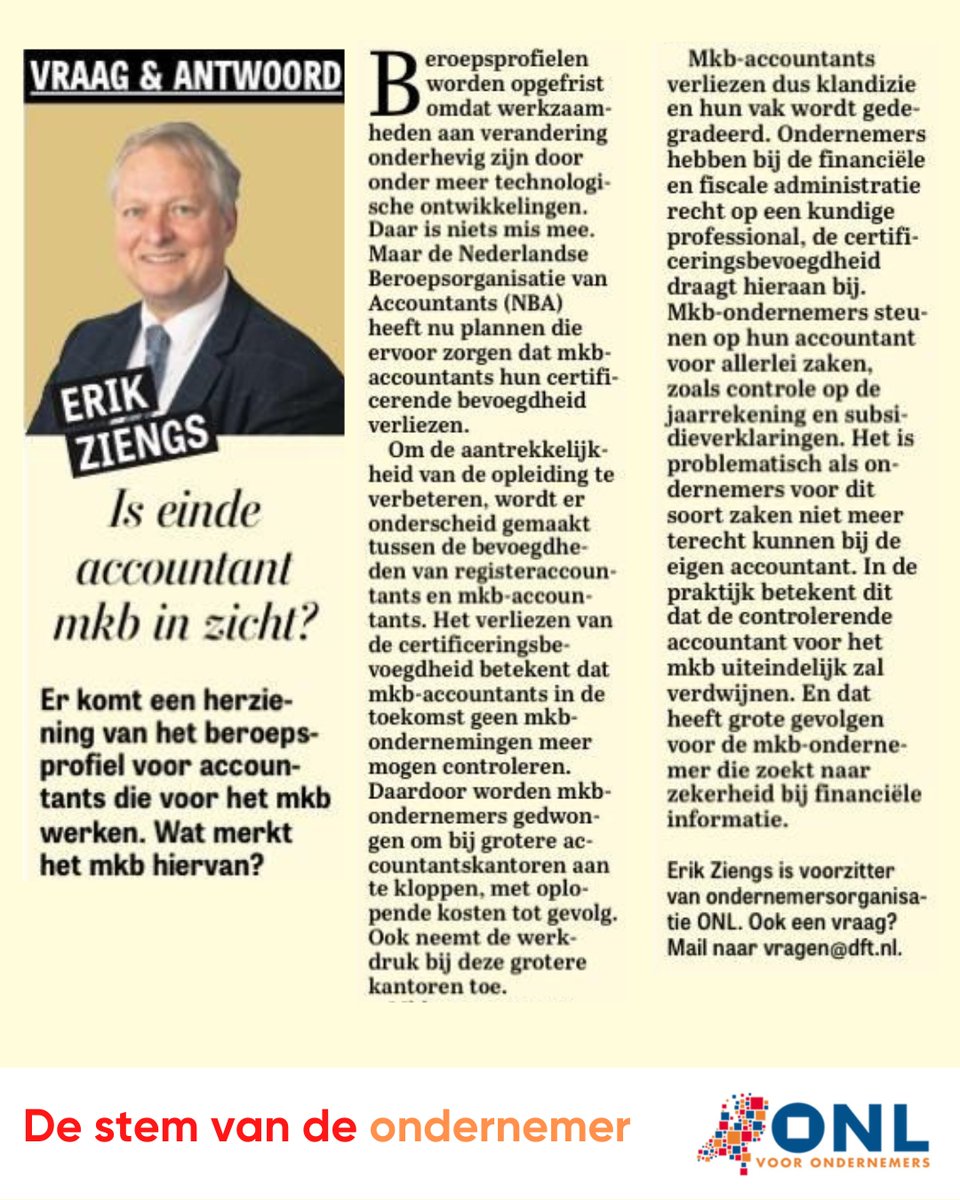 De beroepsprofielen voor accountants worden opgefrist, maar in de plannen die nu op tafel liggen verliezen accountants die voor het mkb werken hun certificerende bevoegdheid. Lees hier meer over in de ondernemersvraag in de Telegraaf.

#ONL #ondernemersvraag #Telegraaf