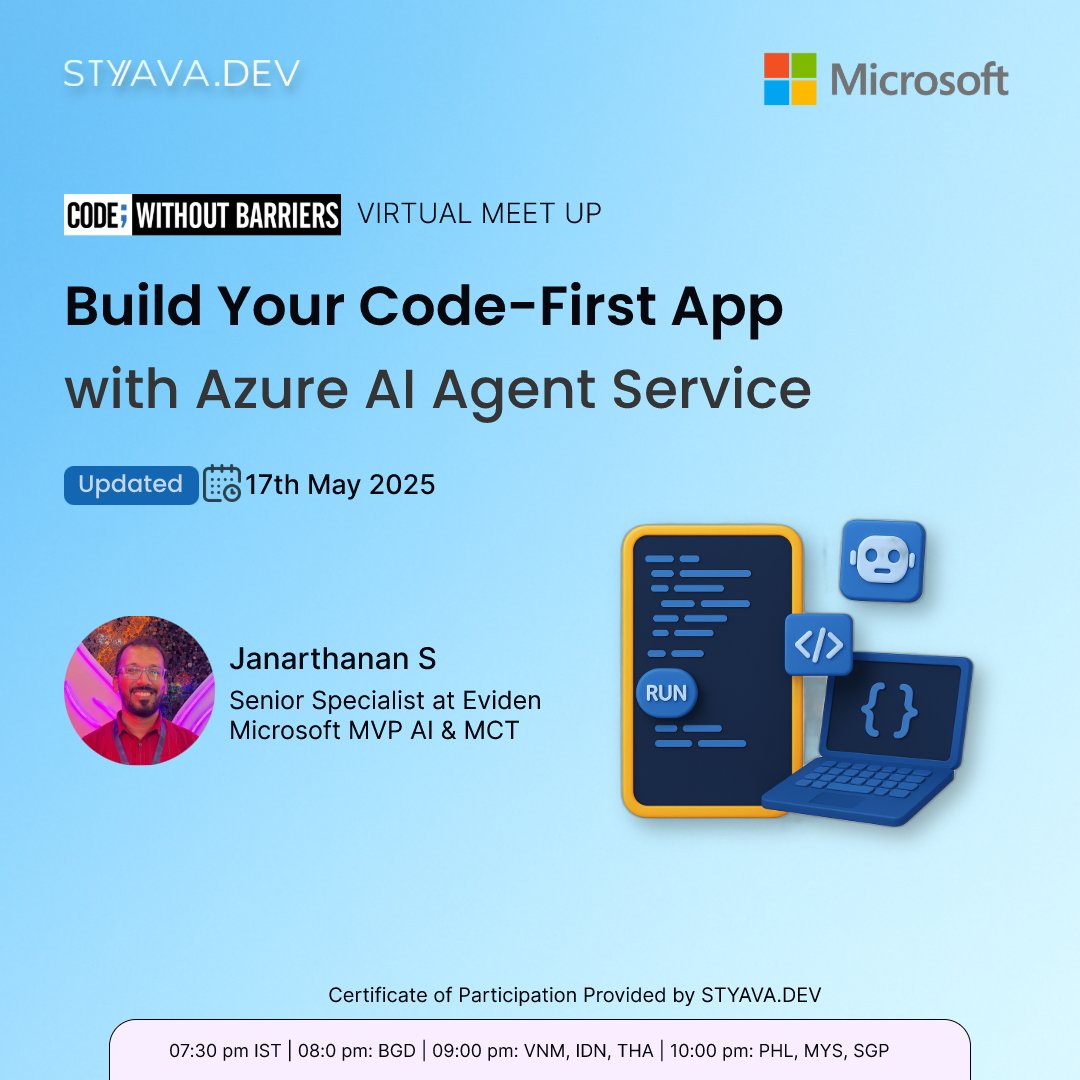 [New Date📢] Join us to explore how the Azure AI Agent Service can transform how you develop, deploy, and scale applications, with guidance from an AI MVP and real-world examples to bring your ideas to life.

🔗 styava.dev/event-detail/a…

#styavadev #AzureAI #AIAgentService