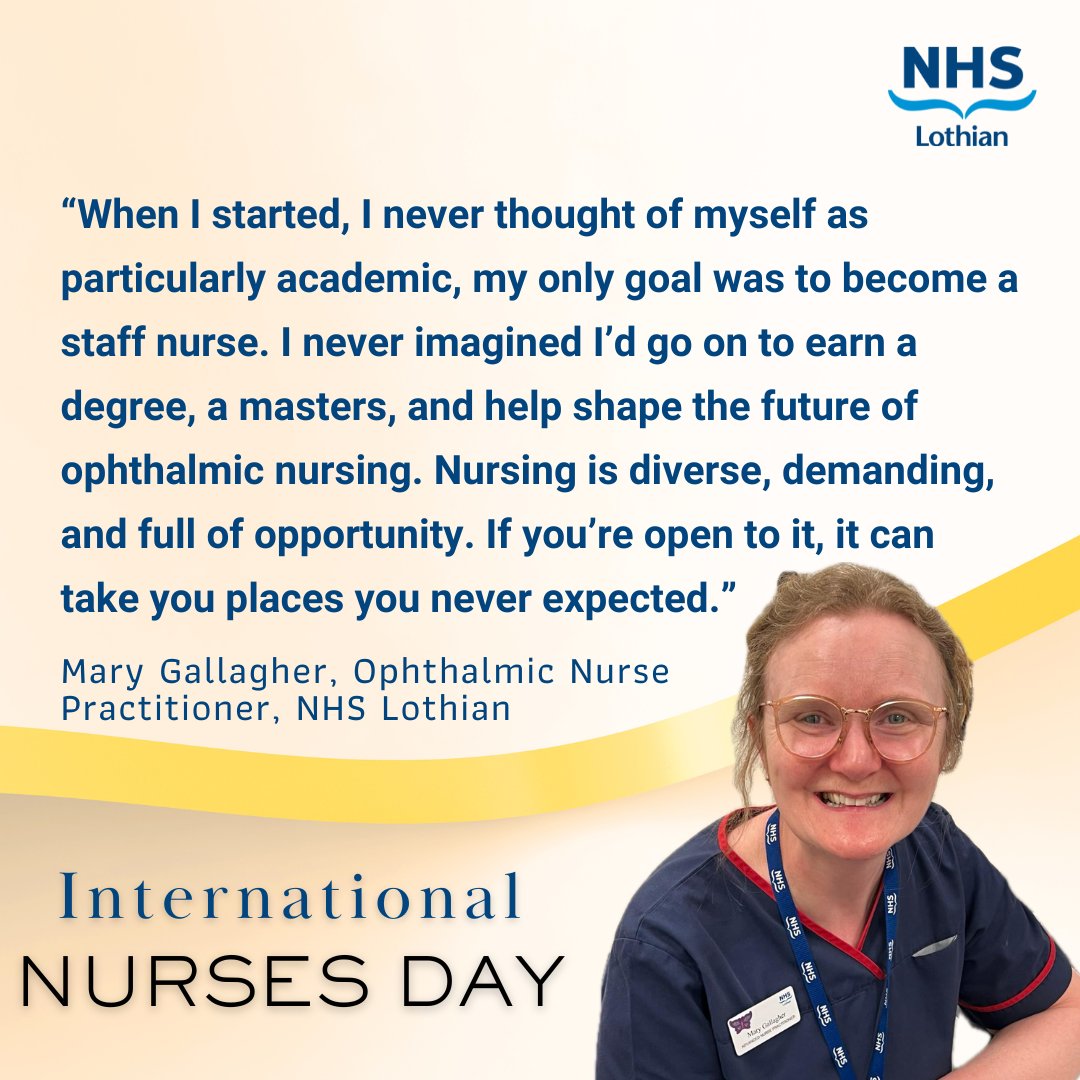 This #InternationalNursesDay we're sharing inspiring stories from across NHS Lothian 💙

Meet Mary Gallagher, An Ophthalmic Nurse Practitioner whose passion for eye care has shaped services and future nurses 👁️

Read Mary’s story: ow.ly/LZ9G50VQaqH
#IND2025