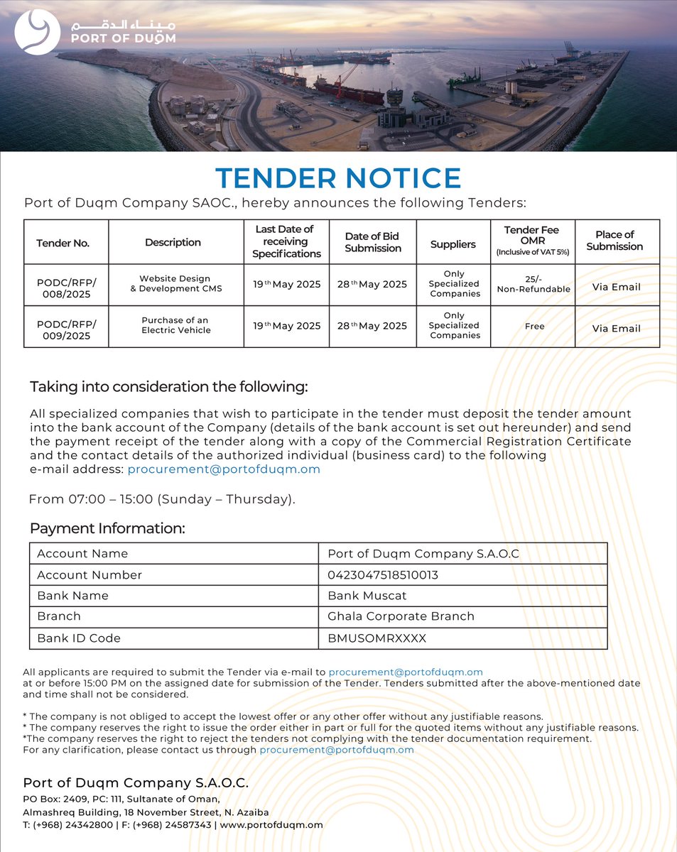 #Port_of_Duqm Company SAOC announces the following #Tender