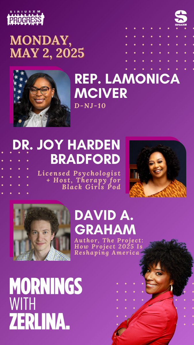ZerlinaMornings.bsky.social (@zerlinamornings) on Twitter photo Hello Monday! Joining Zerlina: <a href="/RepLaMonica/">Rep. LaMonica McIver</a> of NJ-10, Licensed Psychologist + Host of the Therapy for Black Girls Pod Dr. Joy Harden Bradford + <a href="/TheAtlantic/">The Atlantic</a> Staff Writer & Author of the The Project <a href="/GrahamDavidA/">David A. Graham</a>!
βοΈ 866-997-4748
π» <a href="/SiriusXMProg/">SiriusXMProg.bsky.social</a> Ch. 127
siriusxm.us/Zerlina Hello Monday! Joining Zerlina: <a href="/RepLaMonica/">Rep. LaMonica McIver</a> of NJ-10, Licensed Psychologist + Host of the Therapy for Black Girls Pod Dr. Joy Harden Bradford + <a href="/TheAtlantic/">The Atlantic</a> Staff Writer & Author of the The Project <a href="/GrahamDavidA/">David A. Graham</a>!
βοΈ 866-997-4748
π» <a href="/SiriusXMProg/">SiriusXMProg.bsky.social</a> Ch. 127
siriusxm.us/Zerlina
