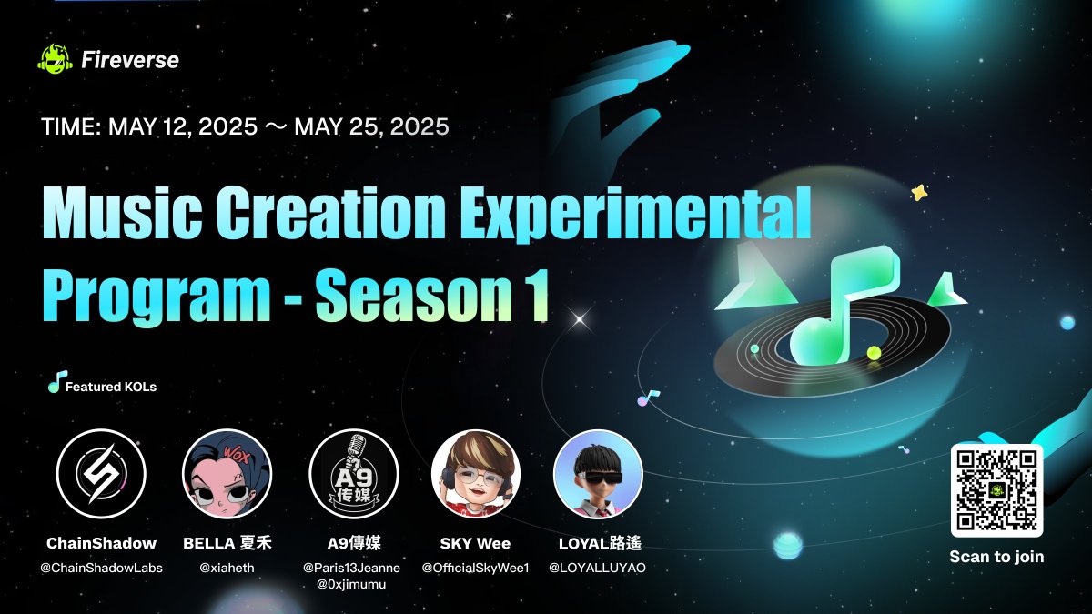 FireverseV's tweet image. 🎉 Fireverse Present: Music Creation Experimental Program is officially live!

@ChainShadowLabs @xiaheth @Paris13Jeanne @0xjimumu @OfficialSkyWee1 @LOYALLUYAO 6 KOLs lead 5 bands in a two-week AI music creation challenge.

🏆 Create your own AI-generated track using Fireverse…