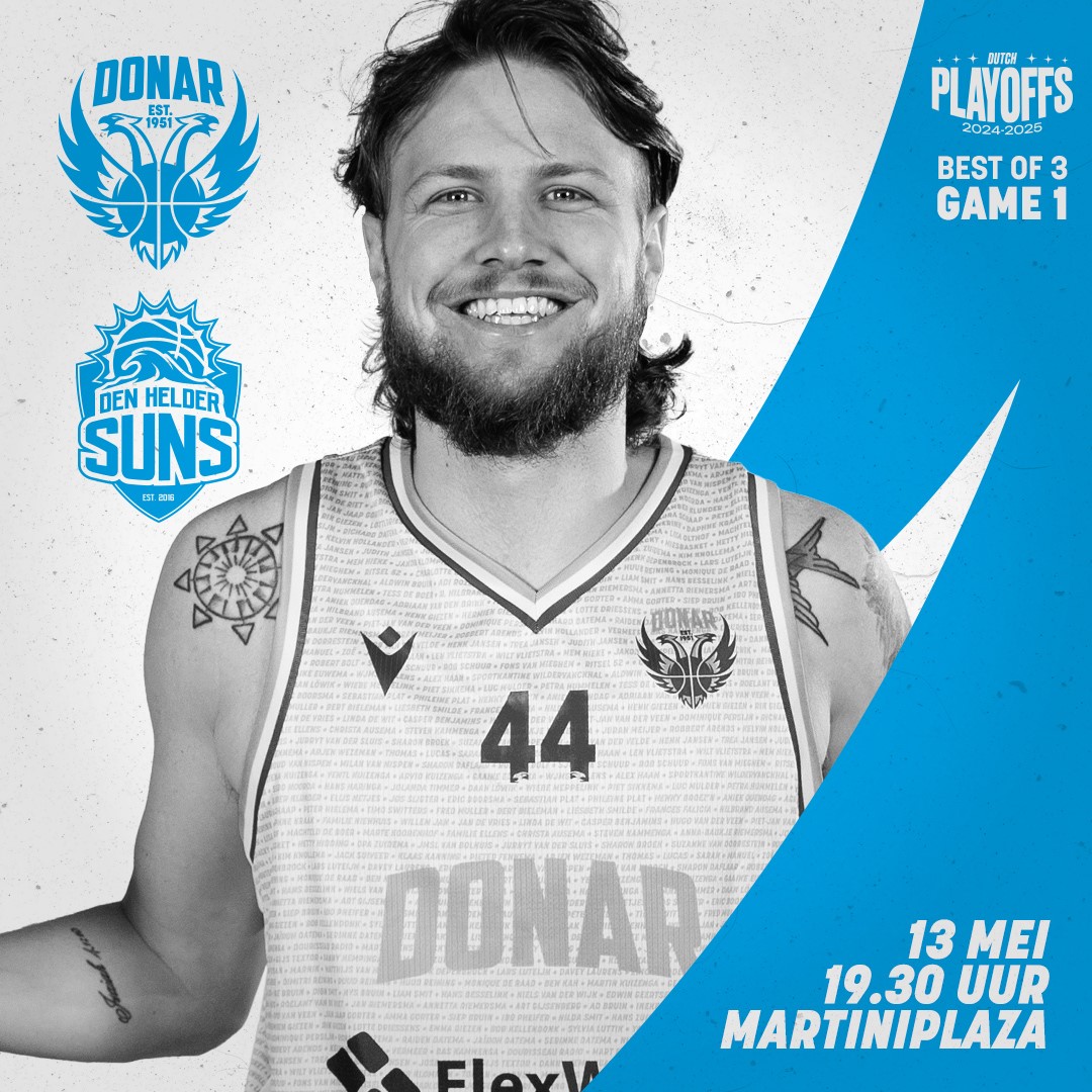 Dinsdag beginnen de kwartfinales. In een best of 3 serie nemen we het op tegen Den Helder Suns.

We hebben jullie dinsdag nodig om het thuisvoordeel te benutten!! We need you 💙💙
🎟️ Koop snel je kaartje op donar.nl/tickets