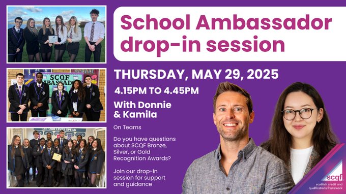 Donnie Wood (@donnie_scqf) on Twitter photo 🎓Involved in our School Ambassador Programme?
Want to know more about our #SCQF Bronze, Silver or Gold Recognition Award?
Join <a href="/kamila_scqf/">Kamila Aitzhanova</a> and I for a 30-min informal Q&A session
May 29, 4:15pm
Register: events.teams.microsoft.com/event/18a8df10… 🎓Involved in our School Ambassador Programme?
Want to know more about our #SCQF Bronze, Silver or Gold Recognition Award?
Join <a href="/kamila_scqf/">Kamila Aitzhanova</a> and I for a 30-min informal Q&A session
May 29, 4:15pm
Register: events.teams.microsoft.com/event/18a8df10…