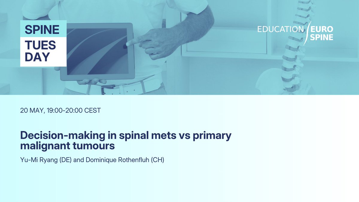 How do you decide between surgery for spinal mets vs primary spinal tumours?
Join the #SpineTuesday webinar on 20 May at 19:00 CEST with Yu-Mi Ryang &amp; Dominique Rothenfluh.
🎓 Free registration: eurospine.org/events/spine-t…
#EUROSPINE #SpineSurgery #Webinar