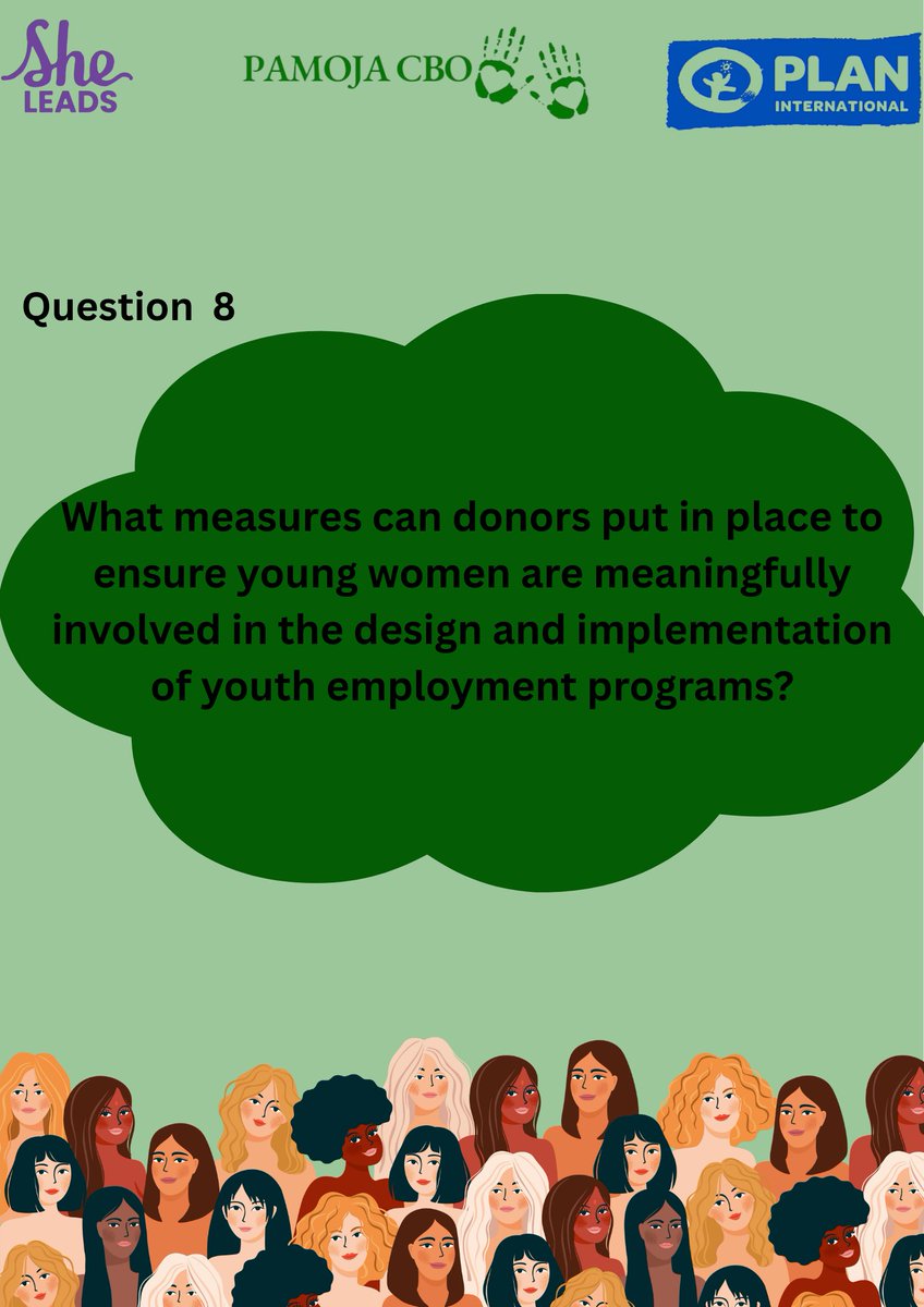 Pamoja Community-Based Organisation (@pamojacbo_ke) on Twitter photo Question 8
What Measures can donors put in place to ensure young women are meaningfully involved in the design and implementation of youth employment programs?
#EmpowerHerNow
#OpportunitiesforHer
<a href="/PlanKenya/">Plan International Kenya</a>
<a href="/sheleadsKenya/">She Leads Kenya</a>
<a href="/ImarishaFuture/">ImarishaFuture ForGirlsCBO</a> Question 8
What Measures can donors put in place to ensure young women are meaningfully involved in the design and implementation of youth employment programs?
#EmpowerHerNow
#OpportunitiesforHer
<a href="/PlanKenya/">Plan International Kenya</a>
<a href="/sheleadsKenya/">She Leads Kenya</a>
<a href="/ImarishaFuture/">ImarishaFuture ForGirlsCBO</a>