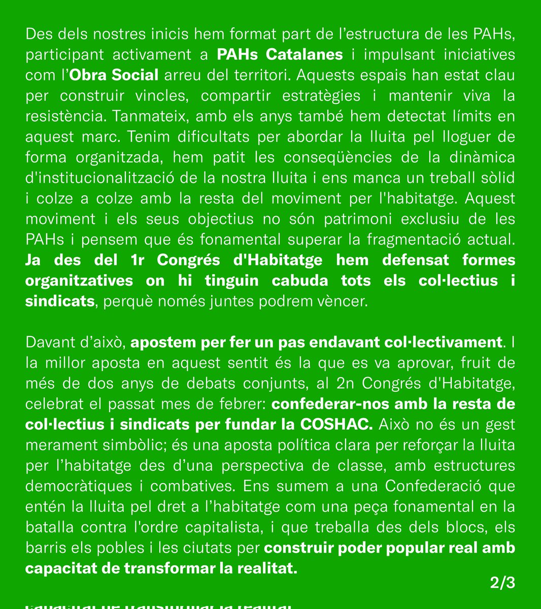 PAHCRipollet_Ce's tweet photo. 📣 Les PAHs de Sabadell, Lleida, Bages, Sant Feliu, Cerdanyola-Ripollet i Baix Montseny fem pública la nostra adhesió a la COSHAC!

✊ Superem la fragmentació: és hora d’articular-nos amb la resta del moviment per l'habitatge. Especuladors i rendistes, tremoleu! https://t.co/FNE1LjqCM8