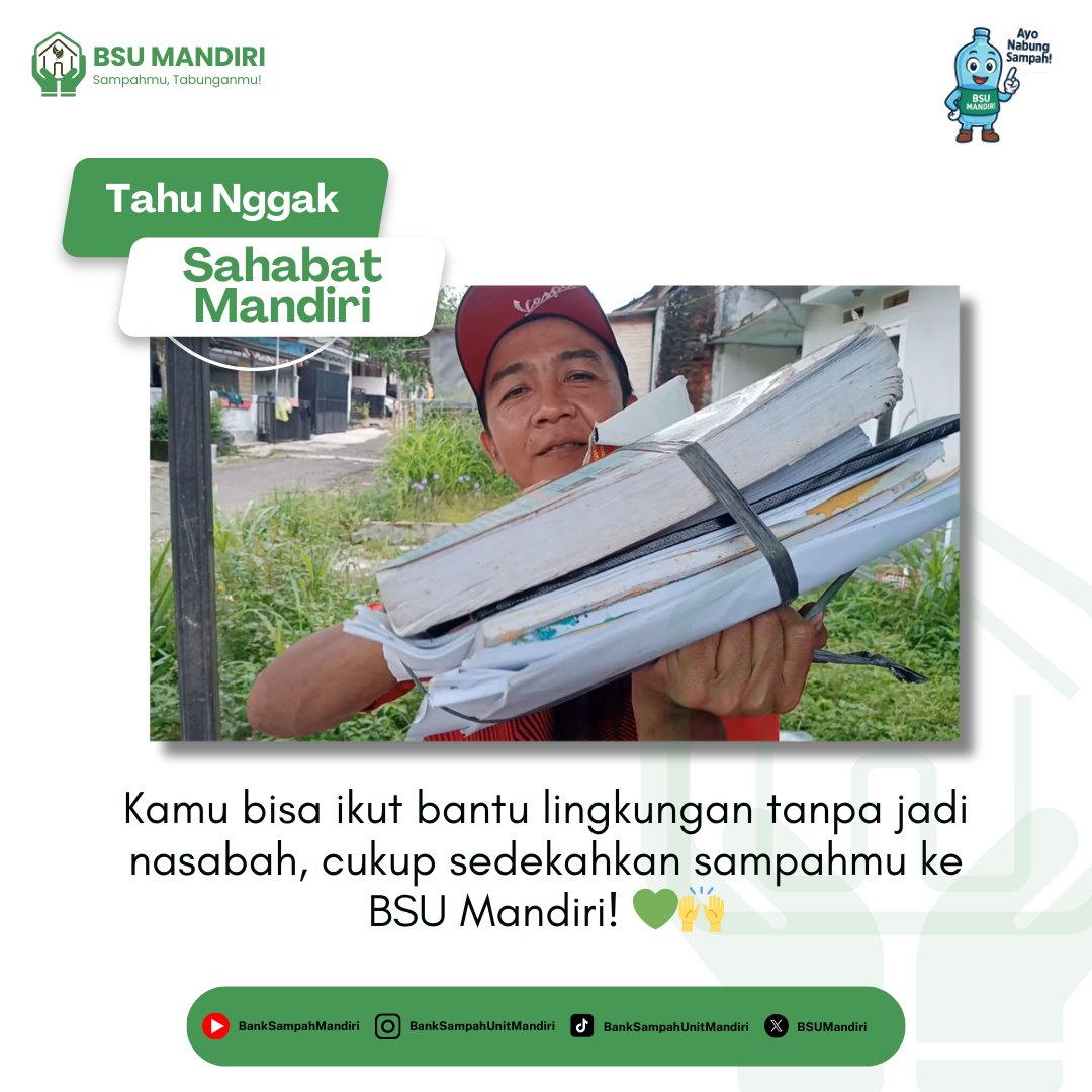 BSUMandiri's tweet image. Cukup sedekahkan sampah rumah tanggamu (kertas, plastik, botol, kaleng, dll) ke BSU Mandiri. Setiap sampah yang kamu berikan akan kami olah, catat, dan manfaatkan untuk mendukung program lingkungan dan pemberdayaan masyarakat sekitar. #sedekah #bubar #sampah #sosial #donasi #csr