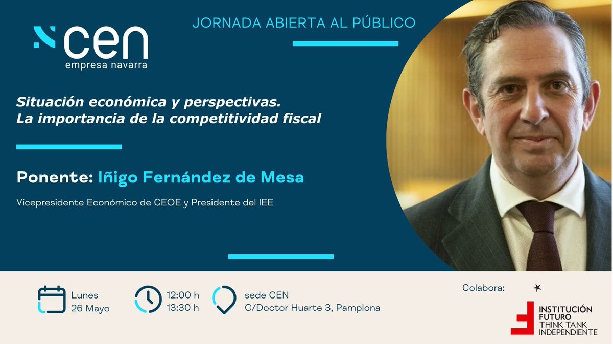 ifuturo's tweet image. 🗓️ El presidente del @IEE_madrid, Ínigo Fernández de Mesa, en @CEN_Navarra el lunes, 26 de mayo, a las 12 hs: "Situación económica y perspectivas. La importancia de la competitividad fiscal"
✔️ Acceso libre previa inscripción en ⤵️
ifuturo.org/conferencia-co… #fiscalidad #Navarra