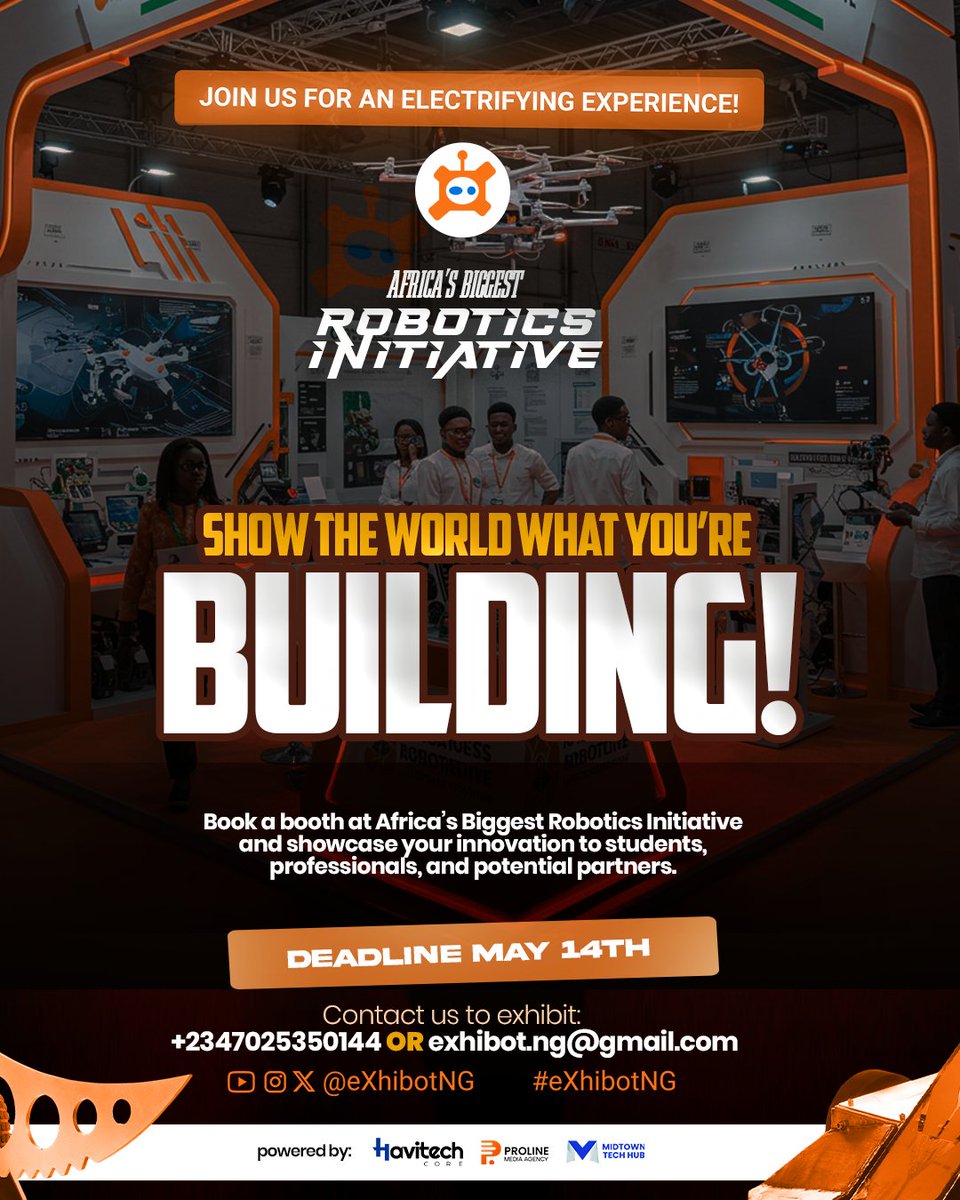 eXhibotng's tweet image. Are you working on robotics, drones, IoT, AI, or hardware projects?

Book a booth at Africa’s Biggest Robotics Initiative and showcase your innovation to students, professionals, and potential partners.

It’s more than a show—it&apos;s your chance to shine.