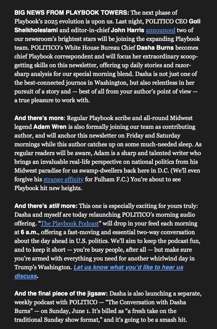 kyletblaine's tweet image. Big things happening @playbookdc: @Jack_Blanchard_ & @DashaBurns launch a new AM pod today (The Playbook Podcast -- check it out!) ... @DashaBurns adds Chief Playbook Correspondent to her responsibilities ... @adamwren helms Friday and Saturday ... Excited for this next chapter!