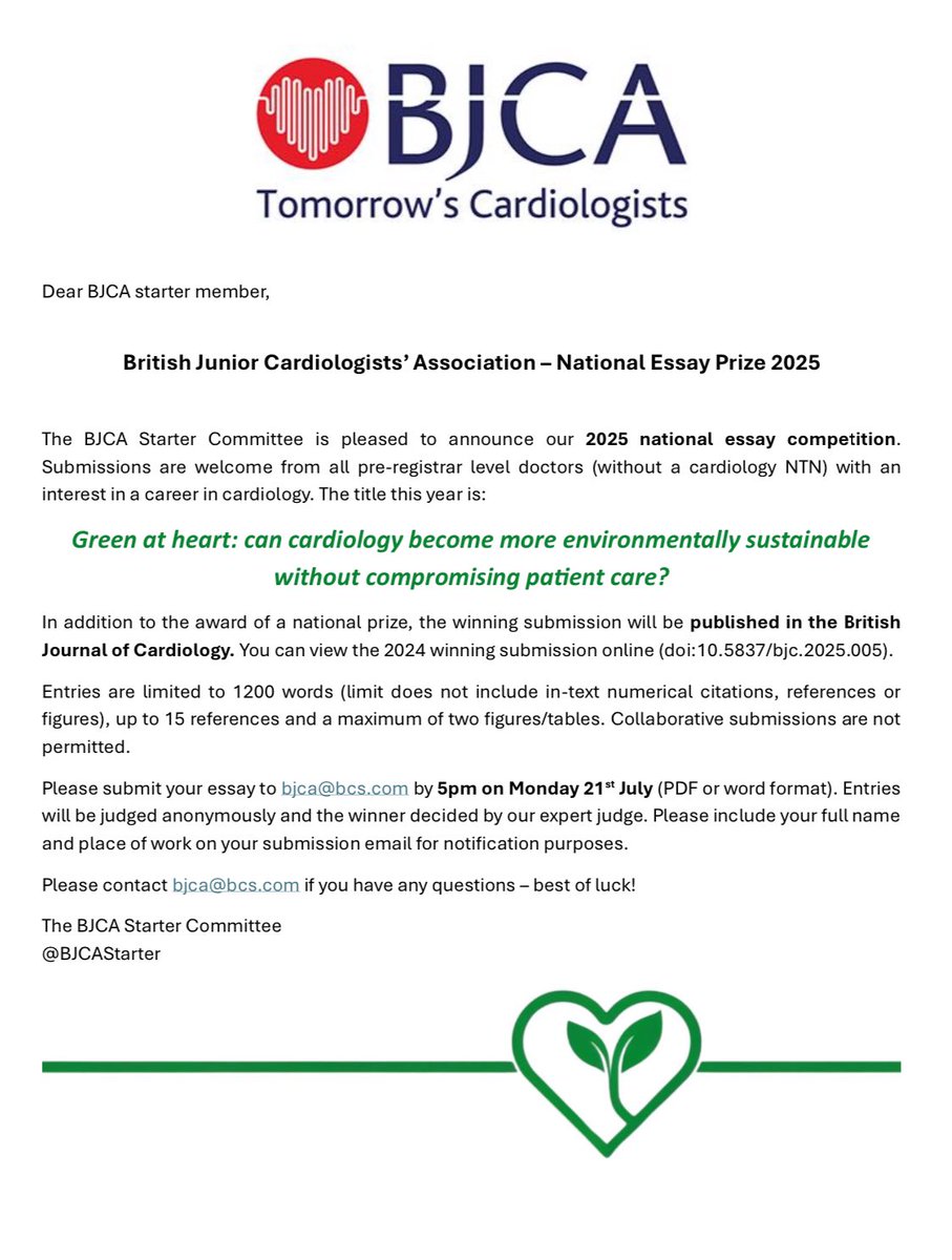 BJCAstarter (@bjcastarter) on Twitter photo The 2025 essay competition is here! 🫀🌳
“Green at heart: can cardiology become more environmentally sustainable without compromising patient care?”
Deadline is 21st July - win a national prize and publication in <a href="/BrJCardiol/">The British Journal of Cardiology</a> ! See last weeks newsletter/image below for more info The 2025 essay competition is here! 🫀🌳
“Green at heart: can cardiology become more environmentally sustainable without compromising patient care?”
Deadline is 21st July - win a national prize and publication in <a href="/BrJCardiol/">The British Journal of Cardiology</a> ! See last weeks newsletter/image below for more info
