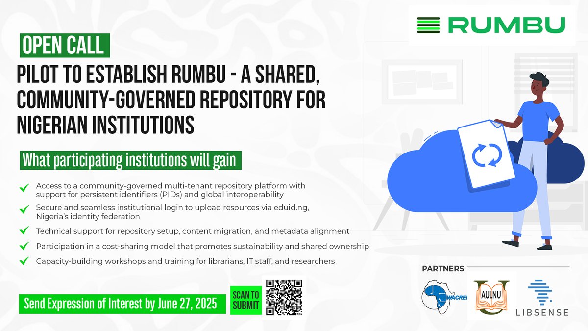 WACREN (@wacren) on Twitter photo WACREN is pleased to announce an open call for piloting #RUMBU - a shared, community-governed #repository platform for Nigerian ๐ณ๐ฌ  institutions. โRUMBUโ aims to bridge the infrastructure gap in Nigeria's research landscape, to foster collaboration, enhance hashtag#research WACREN is pleased to announce an open call for piloting #RUMBU - a shared, community-governed #repository platform for Nigerian ๐ณ๐ฌ  institutions. โRUMBUโ aims to bridge the infrastructure gap in Nigeria's research landscape, to foster collaboration, enhance hashtag#research