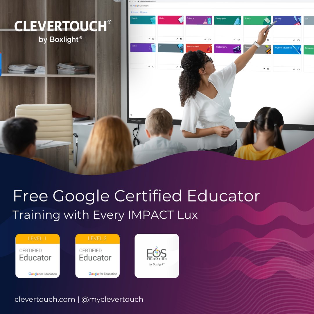With every IMPACT Lux panel, you’ll get free #Google Certified Educator training, allowing teachers to build their digital teaching skills at their own pace and achieve Google Educator Level 1 &amp; 2 certification. Learn more clevertouch.com/products/inter…