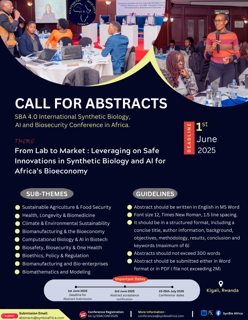 Nzungize Lambert (@nzulapa) on Twitter photo Don’t miss the chance to showcase your work
Kigali Paramount Hotel, Rwanda <a href="/RwandaSynbio/">SynBio_Rwanda</a> <a href="/SynBioAfrica/">SynBio Africa</a>
#Deadline for abstract submission: June 1, 2025 Don’t miss the chance to showcase your work
Kigali Paramount Hotel, Rwanda <a href="/RwandaSynbio/">SynBio_Rwanda</a> <a href="/SynBioAfrica/">SynBio Africa</a>
#Deadline for abstract submission: June 1, 2025