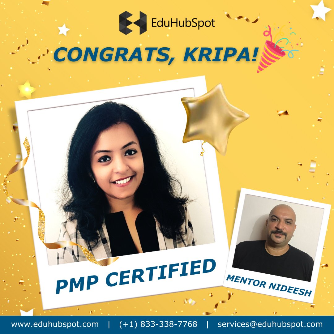 eduhubspot's tweet image. #SpotYourSuccess 🏆
 Congratulations on achieving your PMP Certification, Kripa Balasubramanian! You have worked hard and it has paid off. Thank you for trusting us with your journey!
 
 Mentored by : Nideesh Balakrishnan
 
 eduhubspot.com
 
 #eduhubspot