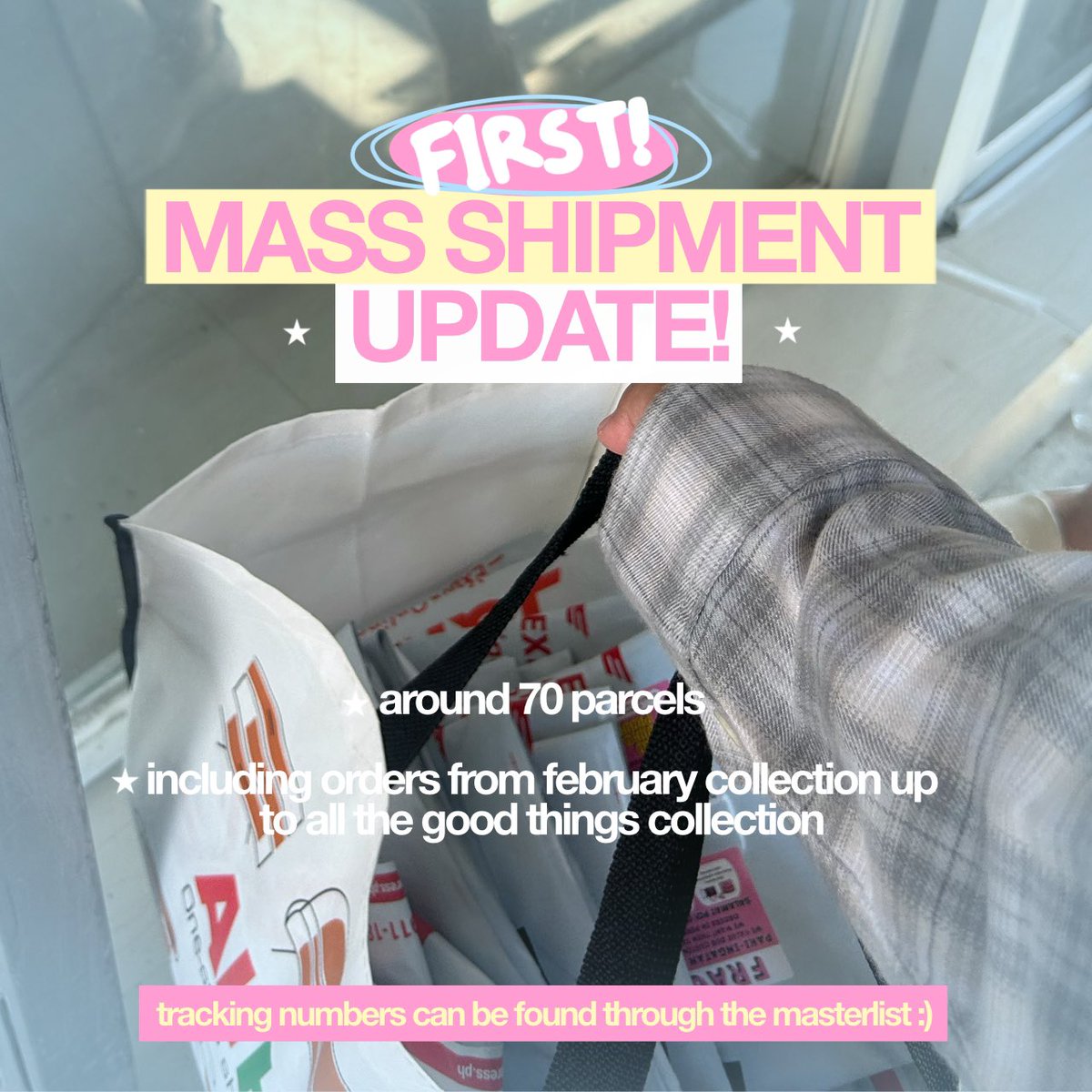 FIRST MASS SHIPMENT update 🌀

— was able to drop off around 70 parcels earlier :)  *mixed collections
— masterlist already updated for tracking numbers

u can track it here: jtexpress.ph/track-and-trace

next shipment: 05/13 (pick up)

thank u for your patience! 🩷