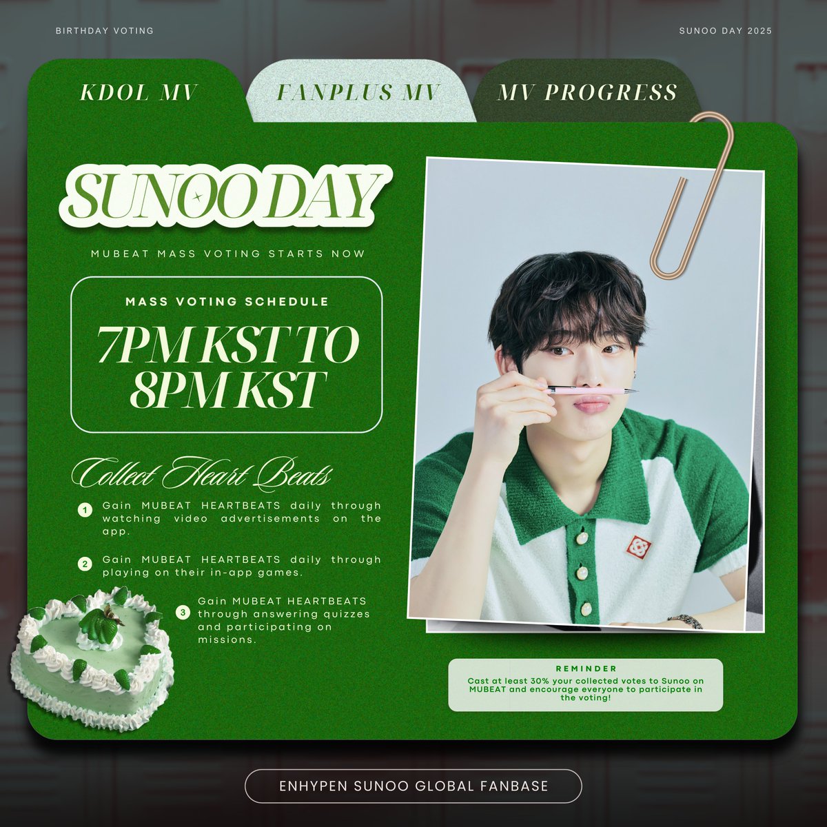 🗳️ | 250512 • MUBEAT

MASS VOTING STARTS NOW! 🔥

Cast Watch Advertisementss to Sunoo and encourage everyone to join the mass voting for Sunoo! 💪🏻

🎯 Goal: Within Top 4
📊 Current: #4🚨 (41,045 votes)

🎁 Reward: Digital Poster Ads in Gangnam Station

How to collect MUBEAT