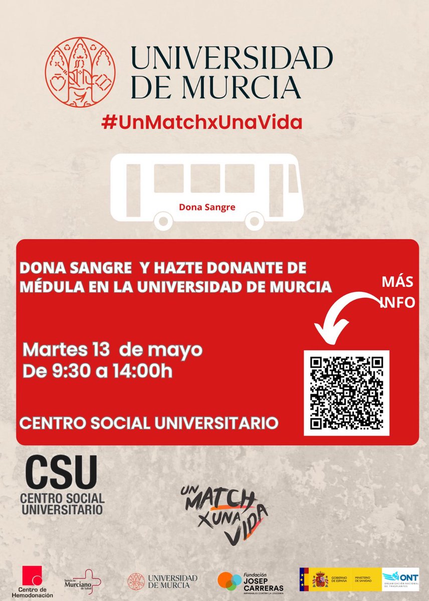 José Luján Alcaraz (@joselujanrector) on Twitter photo 📢 Este 13 de mayo súmate al Día Regional del Donante de Órganos y Médula Ósea 💪
ℹ️Te esperamos para #donasangre y hacerte #donantedemédula 💪
📍 <a href="/CentroSocialUMU/">Centro Social UMU</a> de la <a href="/UMU/">Universidad Murcia</a> 🫶
🕘 De 9:30 a 14:00
🙌 Forma parte de esta gran red solidaria. 👇
<a href="/DonarSangreMU/">🩸CENTRO REGIONAL DE HEMODONACIÓN 🅰️🅱️🅾️🆎</a> 📢 Este 13 de mayo súmate al Día Regional del Donante de Órganos y Médula Ósea 💪
ℹ️Te esperamos para #donasangre y hacerte #donantedemédula 💪
📍 <a href="/CentroSocialUMU/">Centro Social UMU</a> de la <a href="/UMU/">Universidad Murcia</a> 🫶
🕘 De 9:30 a 14:00
🙌 Forma parte de esta gran red solidaria. 👇
<a href="/DonarSangreMU/">🩸CENTRO REGIONAL DE HEMODONACIÓN 🅰️🅱️🅾️🆎</a>