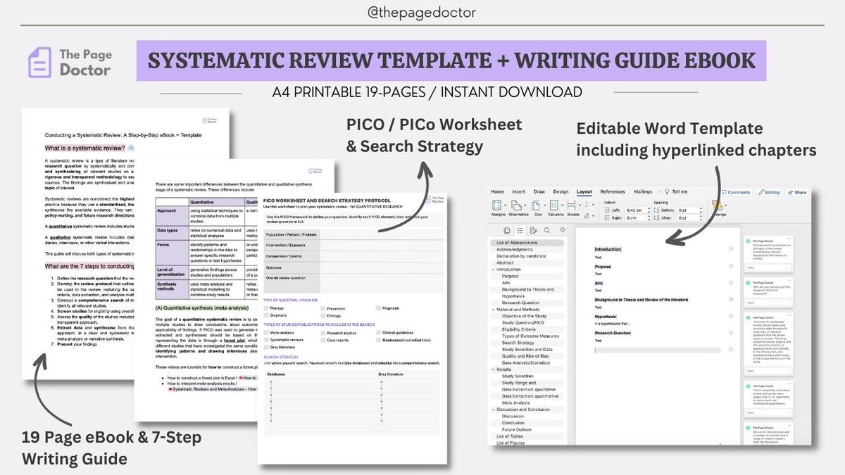 DrAminaYonis's tweet image. Write a 1st class systematic review in ONE day with this template:
1 Develop protocol + database search + data
2 Editable template with linked chapters
3 PICO/PICo worksheet & search template
4 19-page 'step-by-step' guide
Get it here 👉🏽 shorturl.at/cnVhU @ThePageDoctor