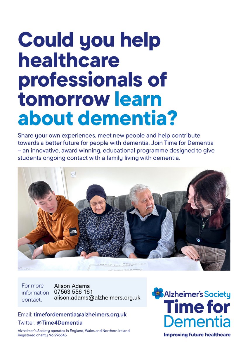 Alzheimer’s Society Northern Ireland (@alzsocni) on Twitter photo Could you help healthcare professionals learn more about dementia? Join us for an online information session on Monday, 19 May at 11am or 7pm.
To book or find out more please contact alison.adams@alzheimers.org.uk or phone 07563 556 161. Could you help healthcare professionals learn more about dementia? Join us for an online information session on Monday, 19 May at 11am or 7pm.
To book or find out more please contact alison.adams@alzheimers.org.uk or phone 07563 556 161.